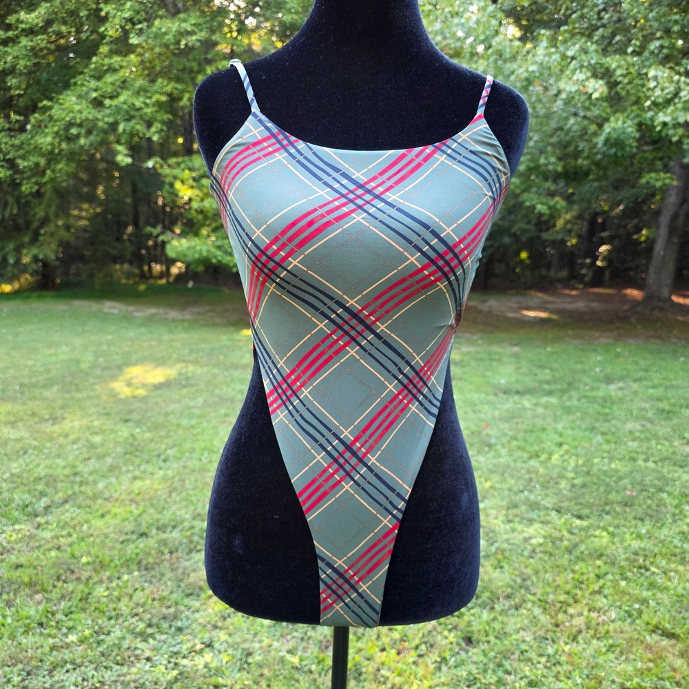 SAN LORENZO Women M Scottish Plaid Triangle Thong One Piece Swimsuit NWT